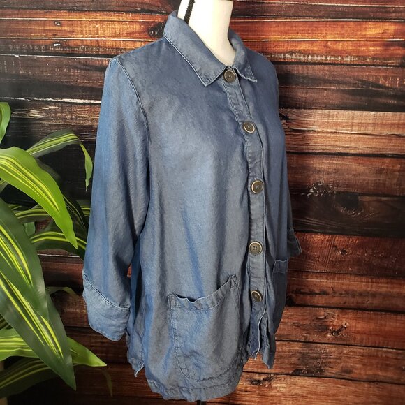 Coldwater Creek Top XL Denim Style Tencel Lyocell Chambray Cropped Sleeves - Picture 2 of 10